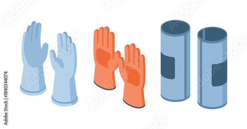 Pairs of blue and orange gloves with blue supports on white background