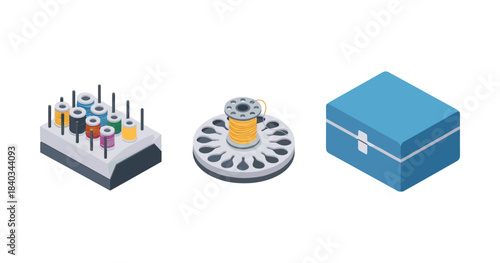 Isometric sewing supplies set with thread spools and box on white background
