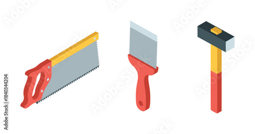 Isometric hand tools set with saw, putty knife, and hammer