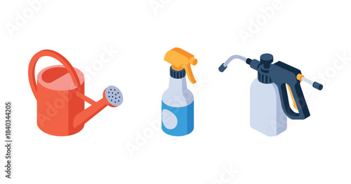 Isometric gardening tools: watering can, spray bottle, pressure sprayer