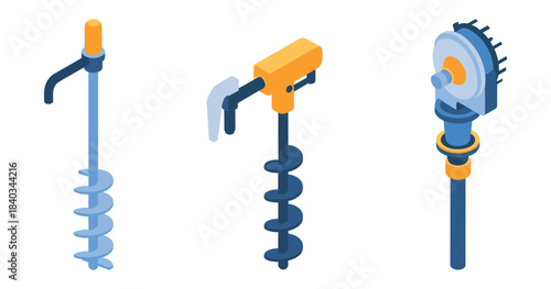Isometric industrial drills: auger, cordless drill, disc cutter for construction and diy
