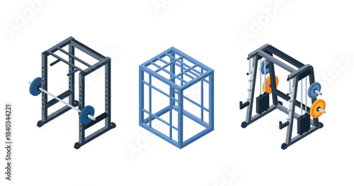 Isometric gym equipment: power rack, cube frame, smith machine