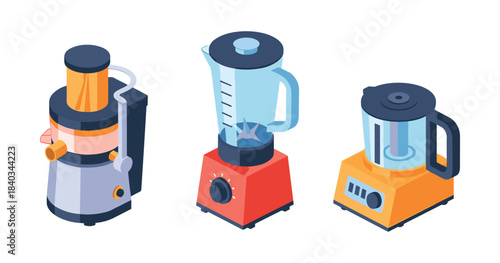 Isometric kitchen appliances: juicer, blender, and food processor illustration