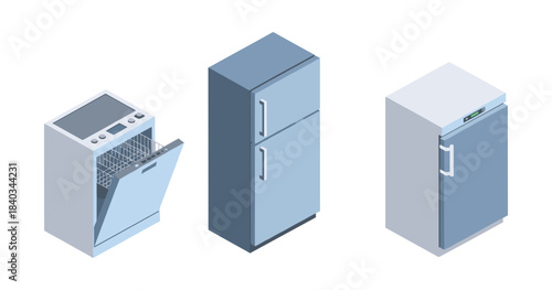 Isometric kitchen appliances: dishwasher, refrigerator, oven in modern design
