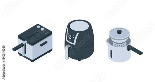 Modern kitchen appliances: deep fryer, air fryer, and rice cooker set