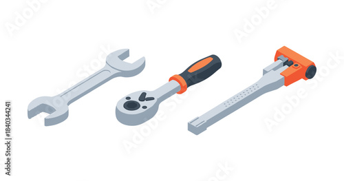 Set of isometric tools: wrench, ratchet, tire lever on white background
