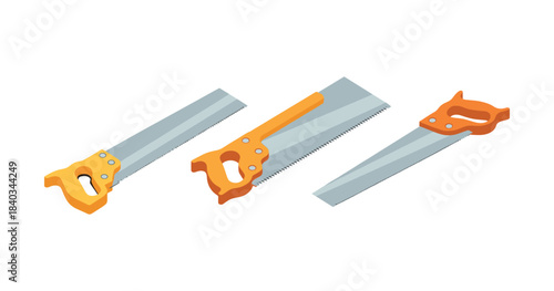 Three orange hand saws with steel blades isolated on white background