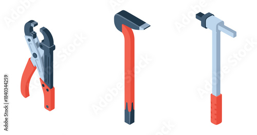 Isometric tools illustration: pliers, sledgehammer, wrench with red handles on white background