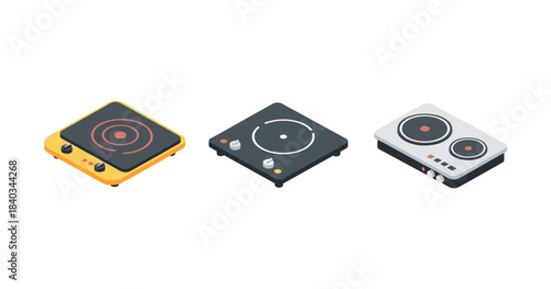 Set of three isometric electric stovetops in various designs and colors
