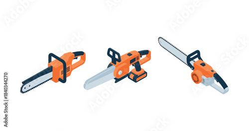 Set of three electric chainsaws in isometric style on white background