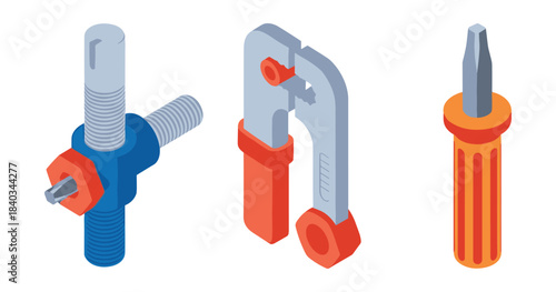 Isometric tools set: screw, clamp, and screwdriver illustration on white background