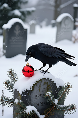 Gothic Christmas: Black Raven Perched on a Snowy Grave with a Red Ornament, Mysterious Winter Cemetery Scene

