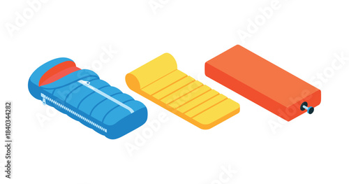 Sleeping bag, inflatable mattress, and foam pad for camping gear