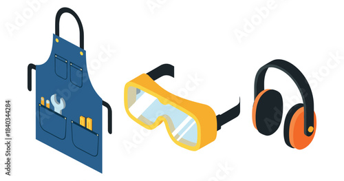 Isometric protective gear: apron, safety goggles, ear muffs for industrial use