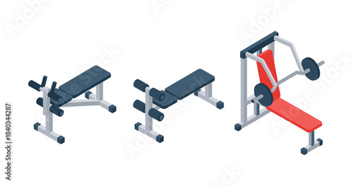 Isometric gym equipment set: bench press, leg curl, weight bench