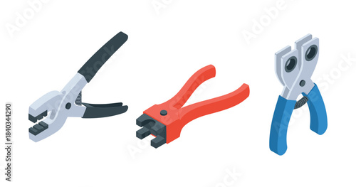 Set of three different hand pliers: red, blue, black for tools and construction