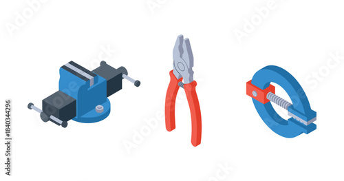 Isometric tools set with vise, pliers, and clamp on white background
