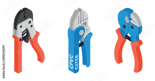 Isometric illustration of pipe cutters with colorful handles