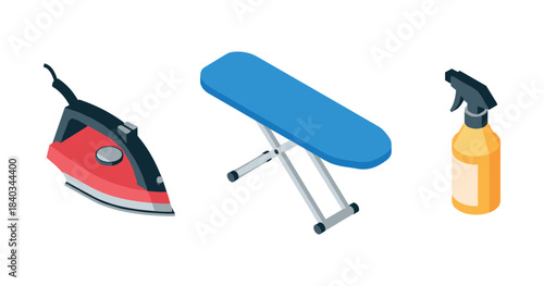 Red iron, blue ironing board, yellow spray bottle on white background