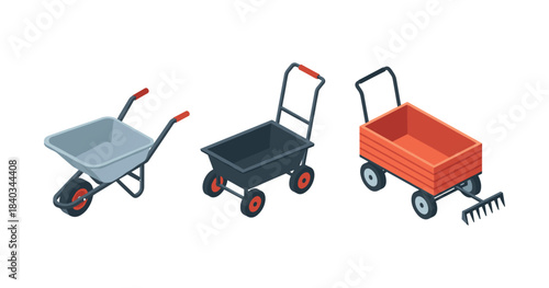 Set of three garden carts with red handles and wheels