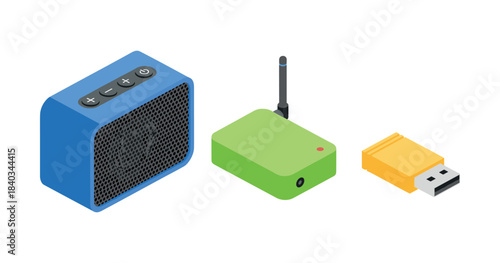 Isometric blue speaker, green receiver, yellow usb on white background