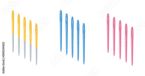 Three sets of pens in yellow, blue, and pink on white background