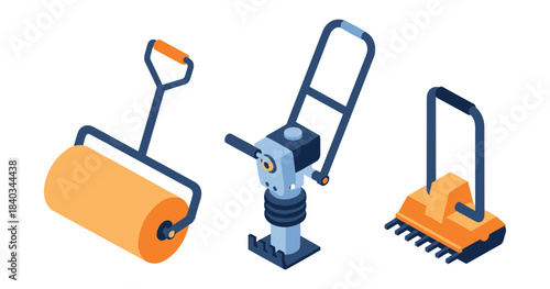 Isometric construction tools: roller, compactor, vibratory plate