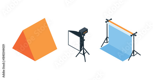 Isometric illustration of orange tent, studio light, and blue backdrop