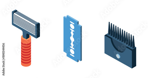 Grooming tools: razor, blade, and comb icon set on white background