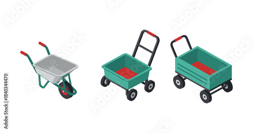 Set of garden carts: wheelbarrow, yard cart, utility wagon