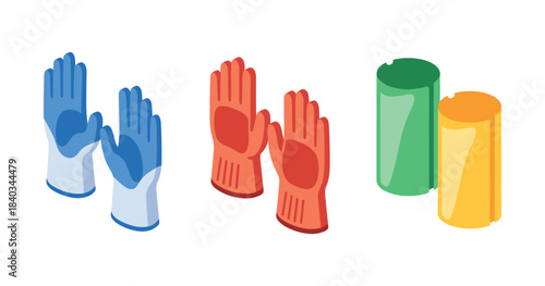 Isometric safety gear: blue and red gloves with green and yellow cylindrical objects