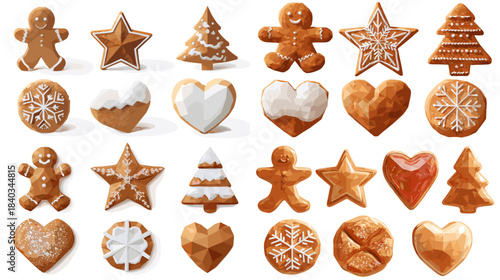 A festive collection of gingerbread cookies in heart, star, tree, and character shapes with icing details perfect for Christmas designs, holiday cards, baking graphics, and seasonal illustrations.