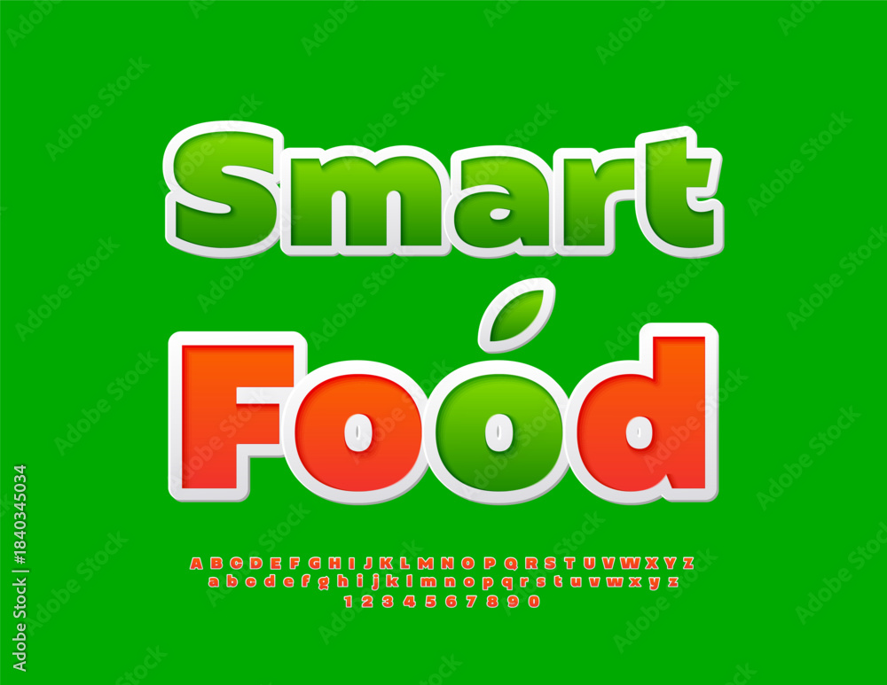 Fototapeta premium Vector Ecologic concept Smart Food. Bright Sticker Font. Decorative Alphabet Letters and Numbers.