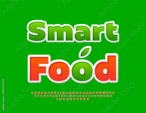 Vector Ecologic concept Smart Food. Bright Sticker Font. Decorative Alphabet Letters and Numbers.