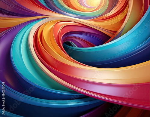 Vibrant Abstract Swirl of Rainbow Colors in a Dynamic Tunnel Formation with Golden Light Emanating from Center