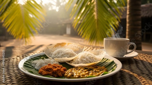 Tropical Asian Breakfast with Eggs and Coffee on Resort Terrace at Sunrise