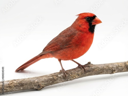 A vibrant male Northern Cardinal perched on a thin, textured tree branch against a clean white background.