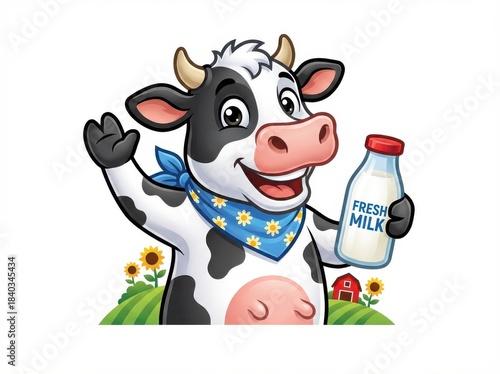 A cheerful cartoon cow wearing a blue bandana holds a bottle of fresh milk, waving happily in a rural setting with sunflowers and a barn.
