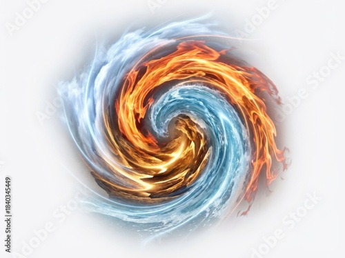 A dynamic swirling vortex of fire and water elements in a circular motion, representing a powerful elemental clash.