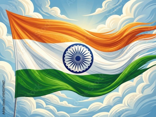 The Indian flag, a symbol of national pride, gracefully unfurls against a backdrop of soft, billowing clouds and a clear blue sky.