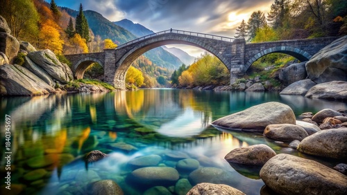 Double Exposure: Serene Bridge and Rugged Rocks - Nature Photography Stock Image