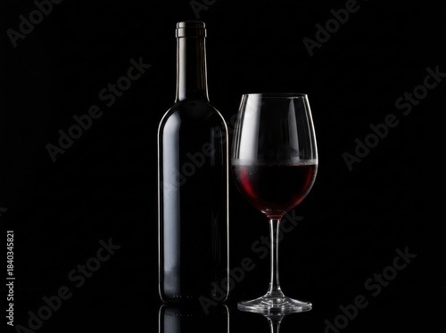 This elegant studio shot features a dark wine bottle and a glass filled with rich crimson liquid, dramatically lit and ready for tasting on a reflective black surface.