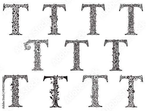 DECORATIVE FLORAL LETTER T SILHOUETTE