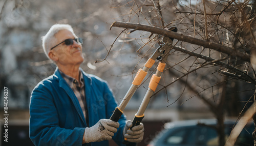An elderly man in a blue jacket prunes bare branches with long-handled pruners in a sunlit backyard, showcasing focus, care, and a calm moment of outdoor gardening.