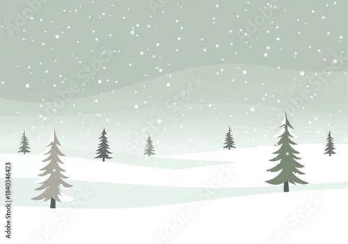 A winter landscape with falling snow and evergreen trees on gentle snowy hills under a grey sky.