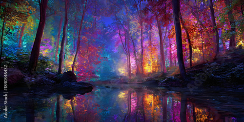 Reflections of Enchanted Light: Forest Dreamscape, ai generated.