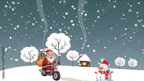Christmas scene with Santa Claus on a motorcycle, illustration with snowman and snowfall and text Merry Christmas