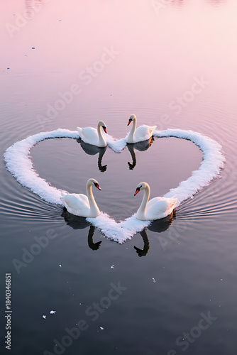 Romantic Winter Love: Two Swans Forming a Heart Shape on a Frozen Lake at Sunset, Symbol of Eternal Love and Valentine's Day

