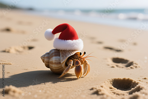 Tropical Christmas Crab: Adorable Crab Wearing a Santa Hat on a Sunny Beach, Festive Summer Holiday and Funny Animal Concept

