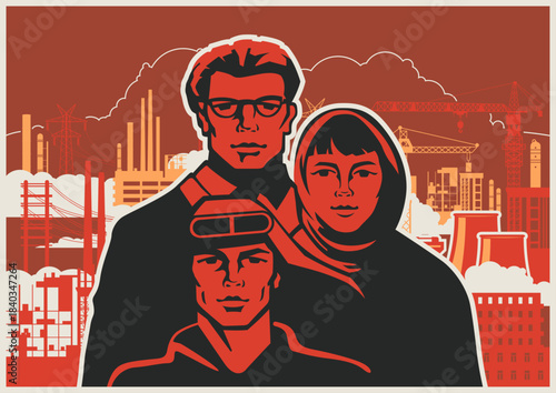 Retro Style Working Propaganda Poster, Working People, Factory, Plant, Construction Site. Vintage Placard Style Vector Illustration